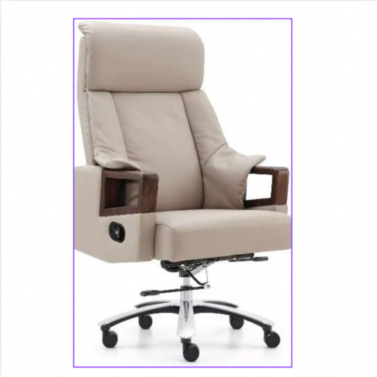 Ghế Làm Việc Cao Cấp Công Thái Học Bọc Da Màu Kem – Tựa Lưng Cao & Tay Vịn Gỗ Sang Trọng A2502